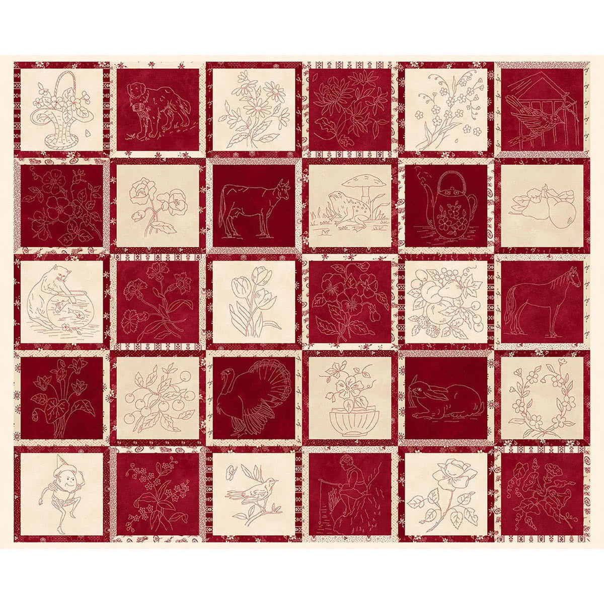 Henry Glass Fabrics Memories in Redwork Stacy West Buttermilk Basin